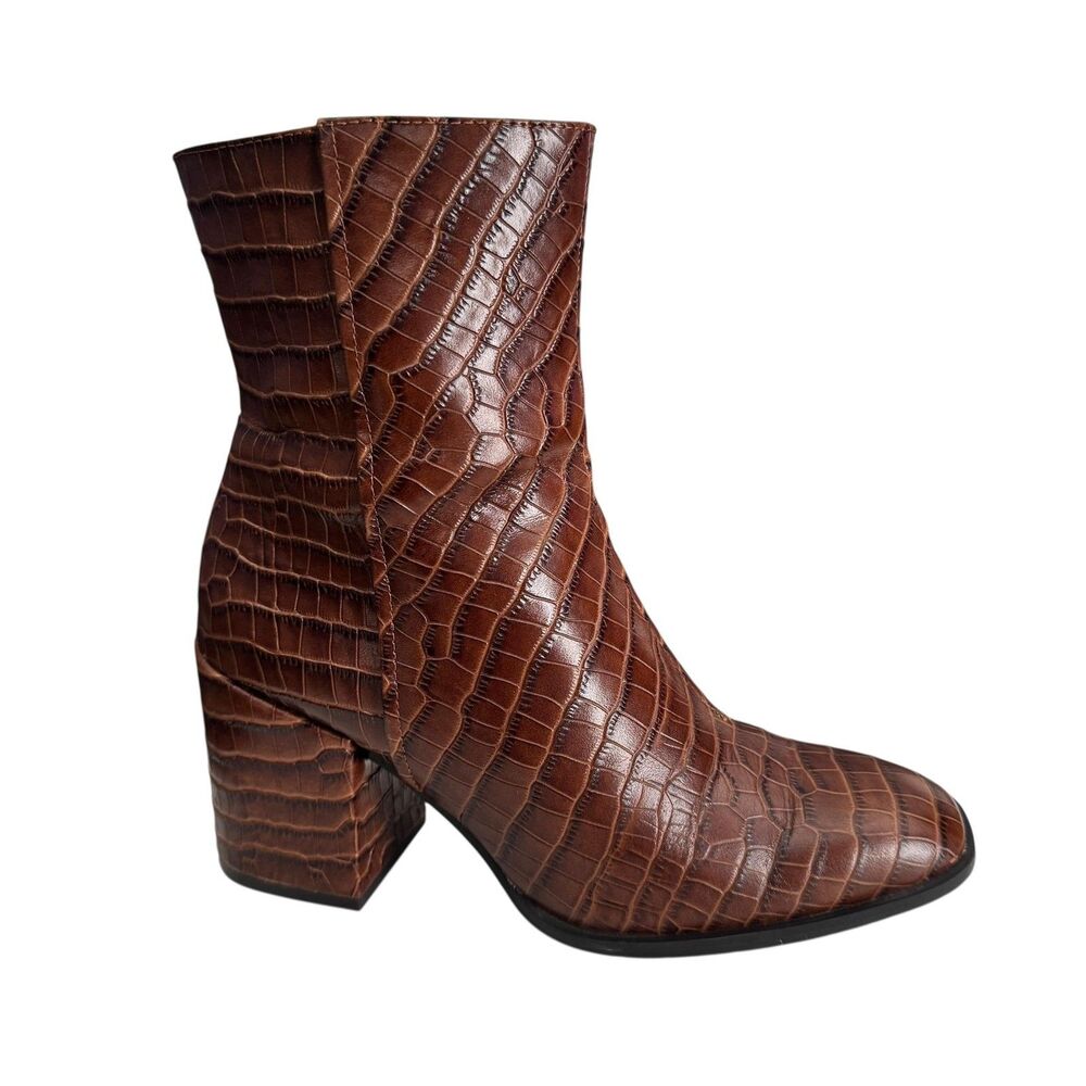 Vionic Harper Croc Boots Womens Size 6 Brown Leather‎ Ankle Block Heel Booties